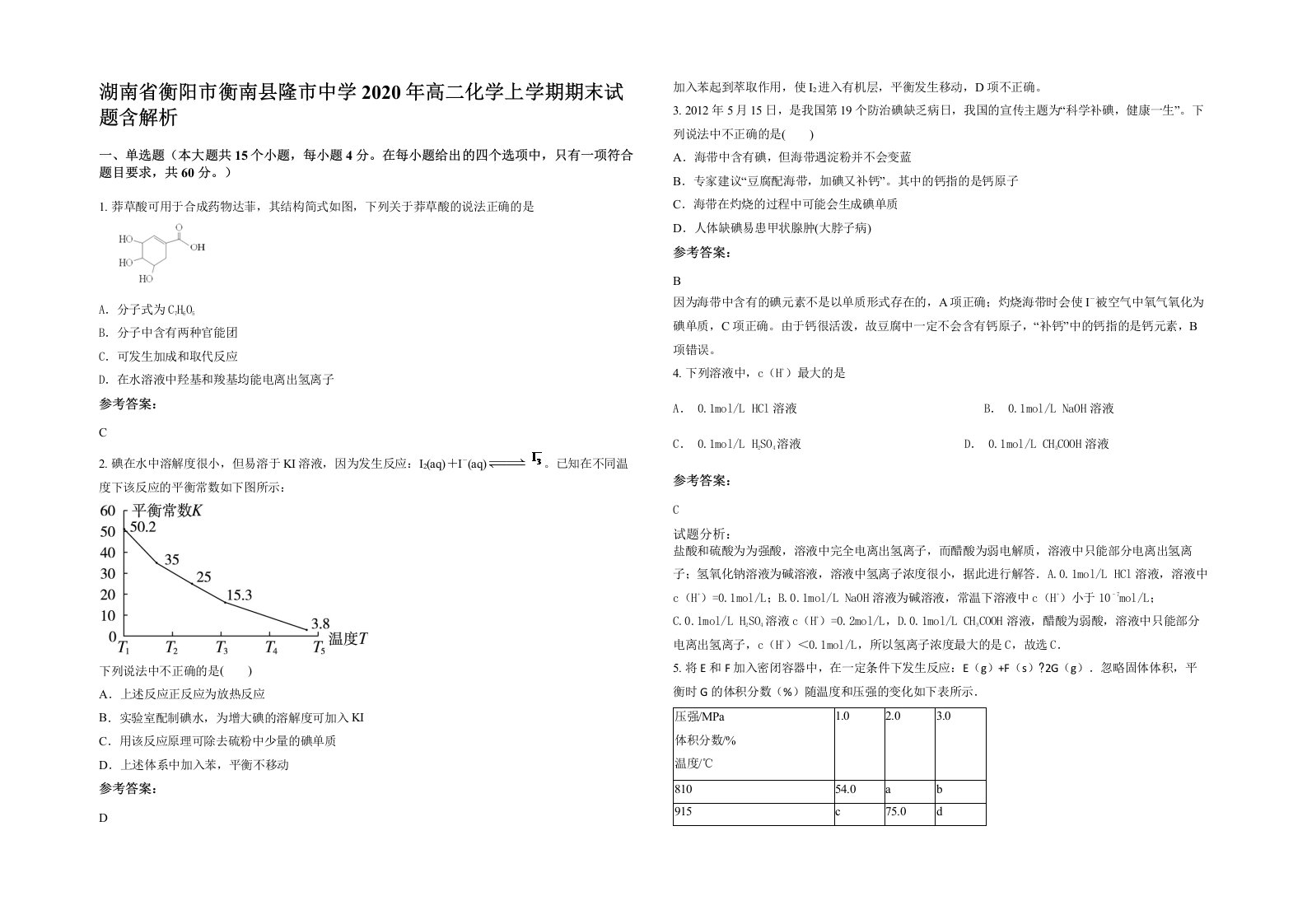 湖南省衡阳市衡南县隆市中学2020年高二化学上学期期末试题含解析