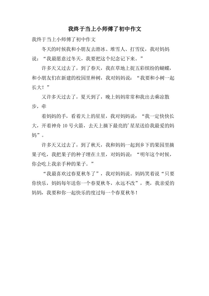 我终于当上小师傅了初中作文