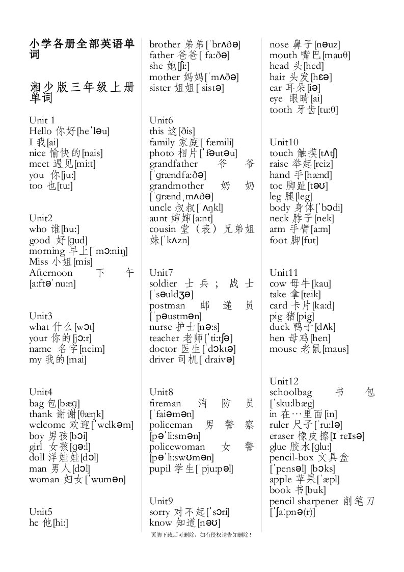 湘少版小学各册全部英语单词(带音标)