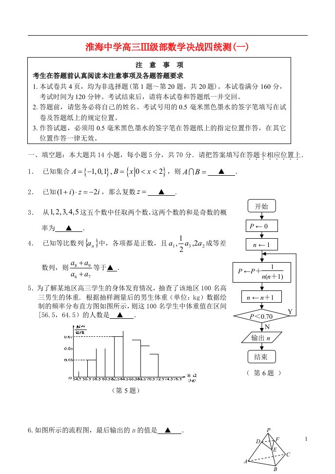 江苏省淮安市淮海中学Ⅲ级部高三数学决战四统试题（1）苏教版