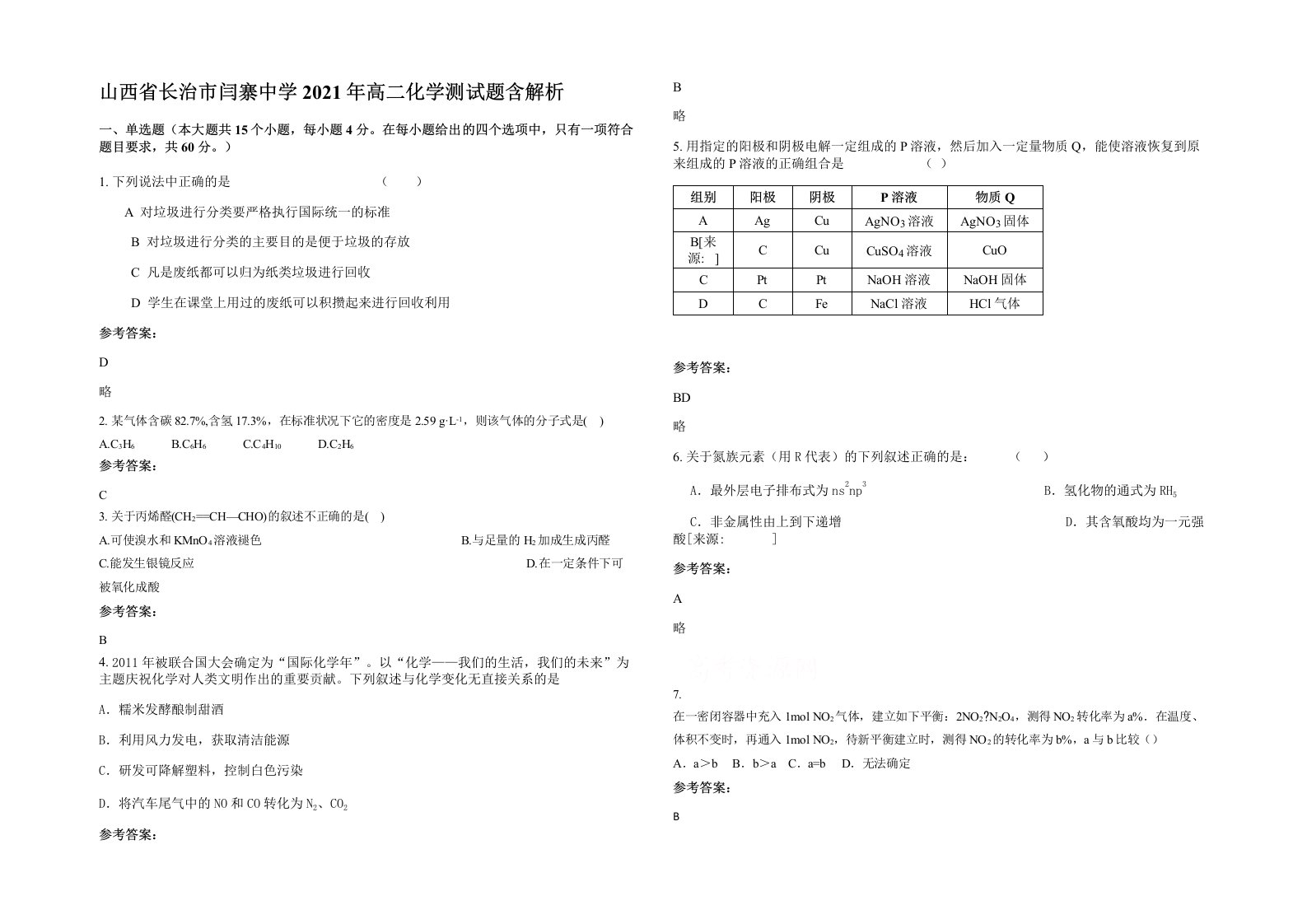 山西省长治市闫寨中学2021年高二化学测试题含解析