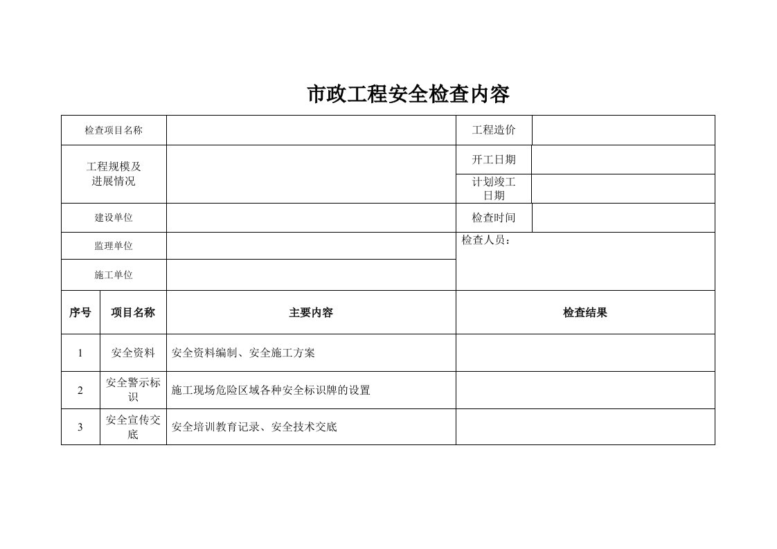 市政工程安全检查表