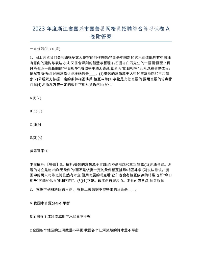 2023年度浙江省嘉兴市嘉善县网格员招聘综合练习试卷A卷附答案