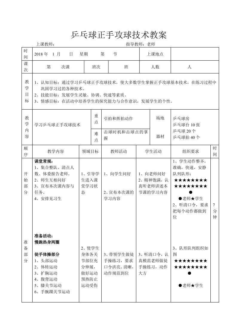 乒乓球正手攻球技术教案