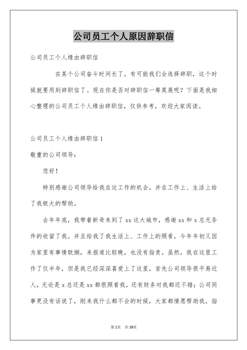 公司员工个人原因辞职信例文2