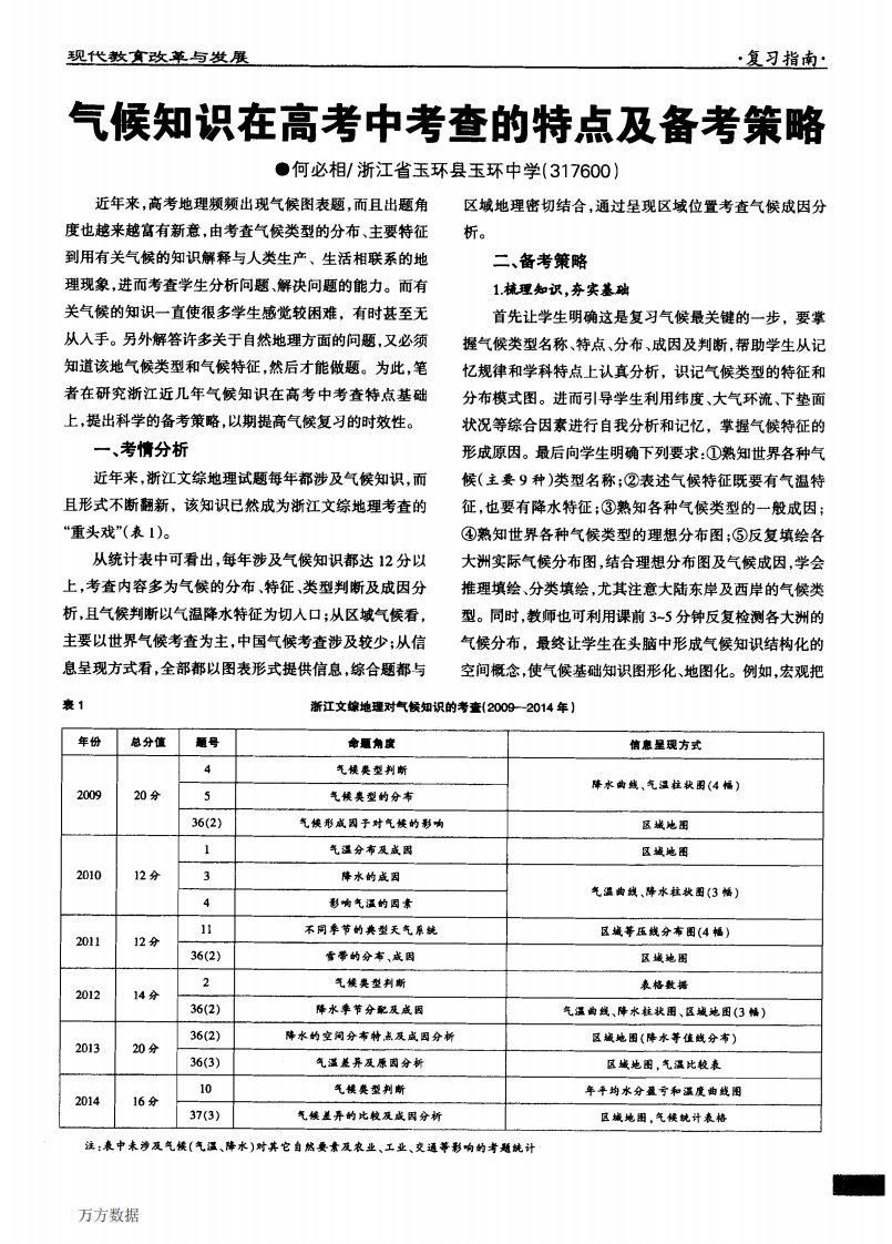 气候知识在高考中考查的特点及备考策略