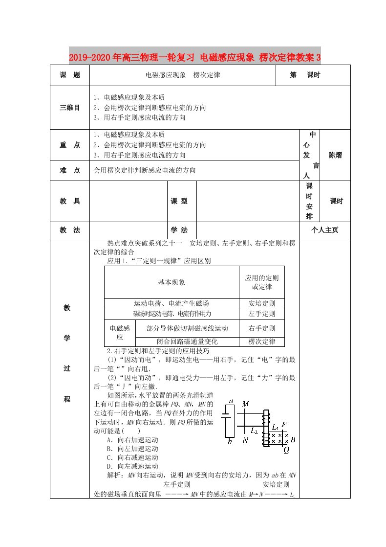 2019-2020年高三物理一轮复习