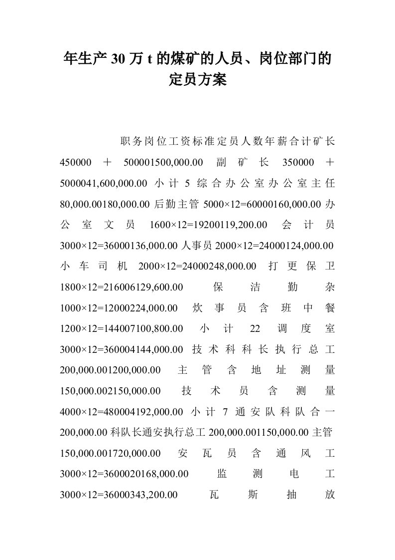 年生产30万t的煤矿的人员、岗位部门的定员方案