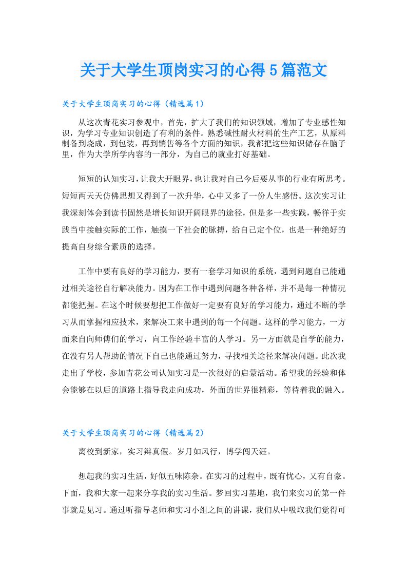 关于大学生顶岗实习的心得5篇范文