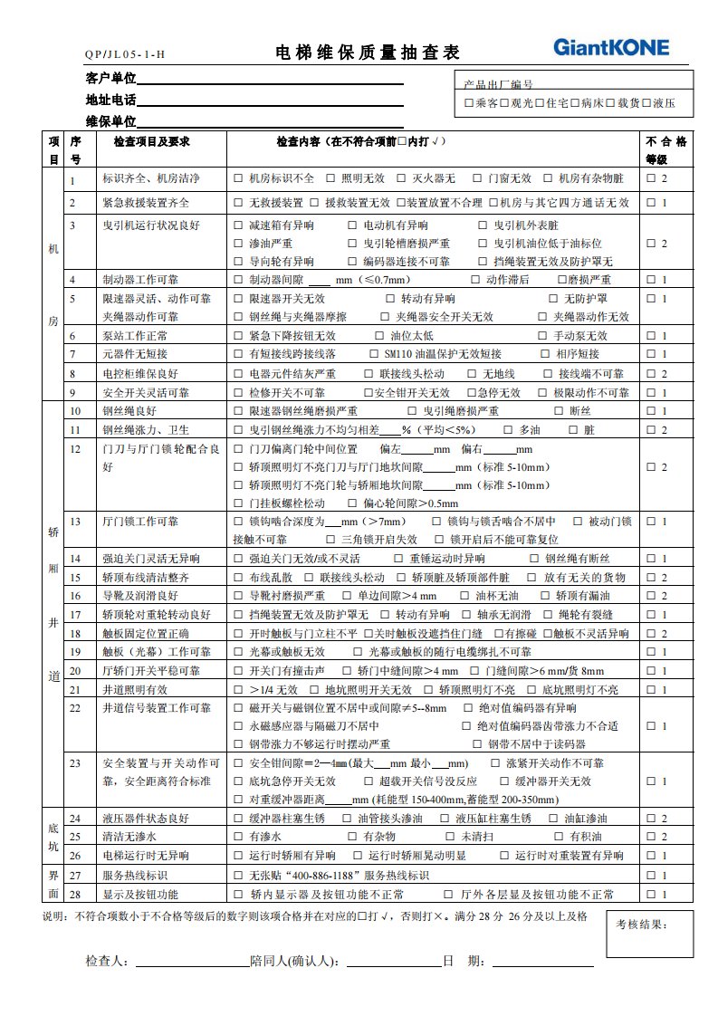 电梯维保质量抽查表