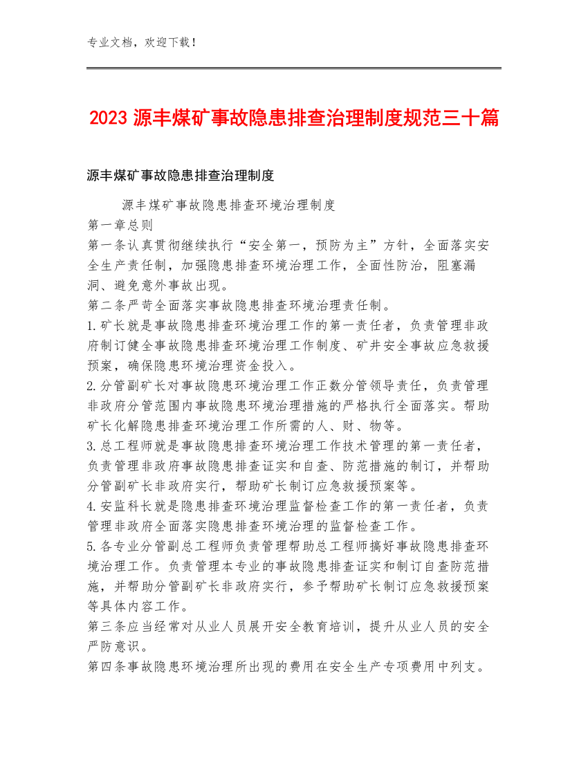 2023源丰煤矿事故隐患排查治理制度规范三十篇