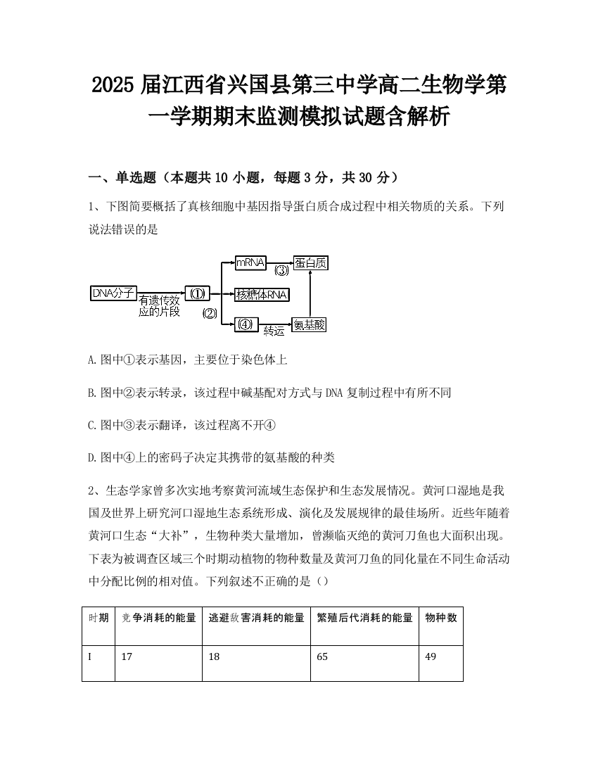 2025届江西省兴国县第三中学高二生物学第一学期期末监测模拟试题含解析