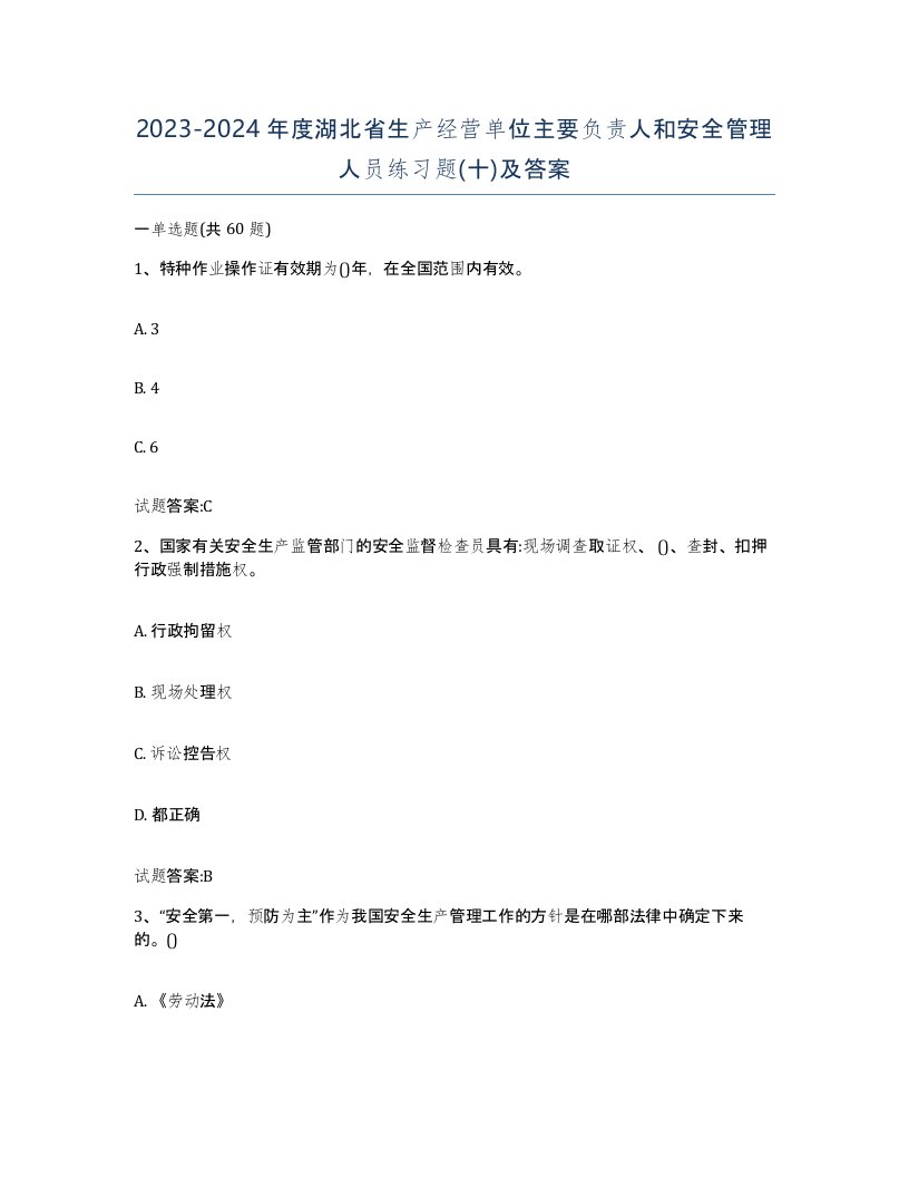 20232024年度湖北省生产经营单位主要负责人和安全管理人员练习题十及答案