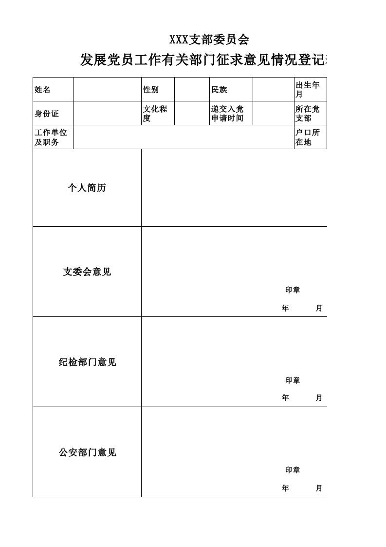 发展党员工作有关部门征求意见情况表