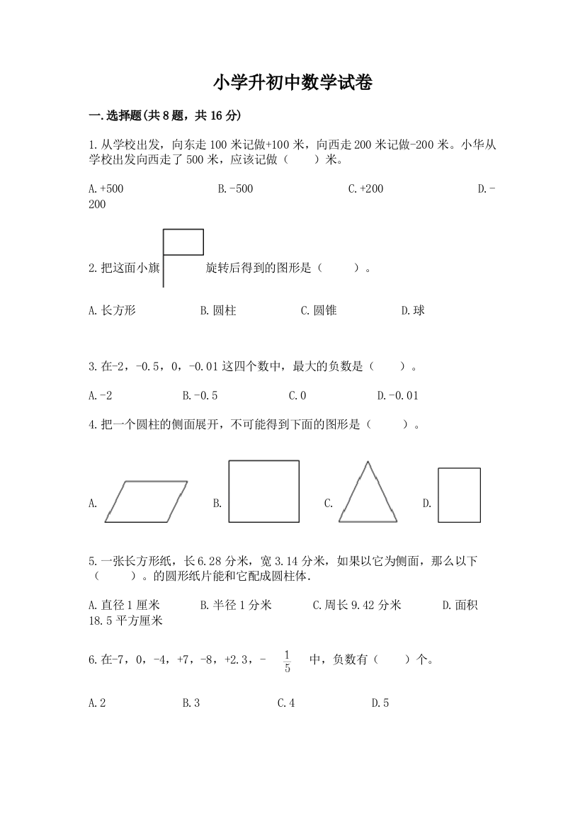 小学升初中数学试卷【word】