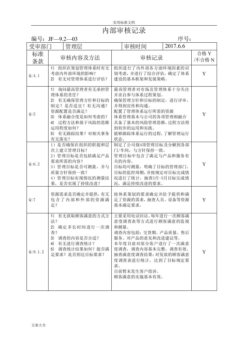 2016年版高质量体系各部门内审检查表和审核记录簿文本