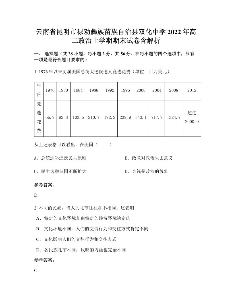 云南省昆明市禄劝彝族苗族自治县双化中学2022年高二政治上学期期末试卷含解析