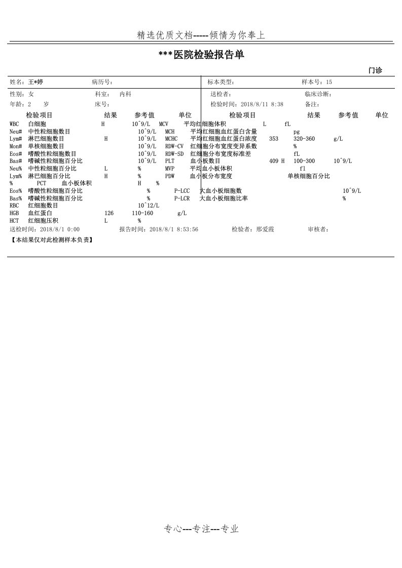 医院检验报告单模板(共1页)