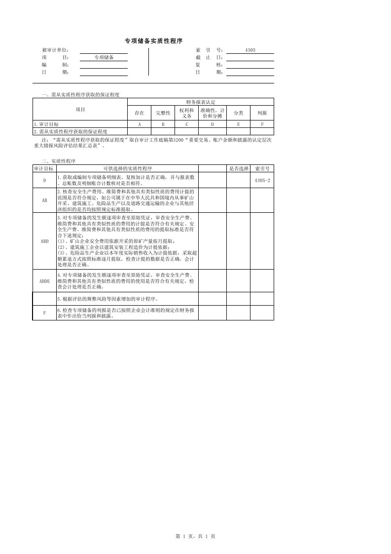 实质性程序工作底稿（企业会计准则版）4305专项储备