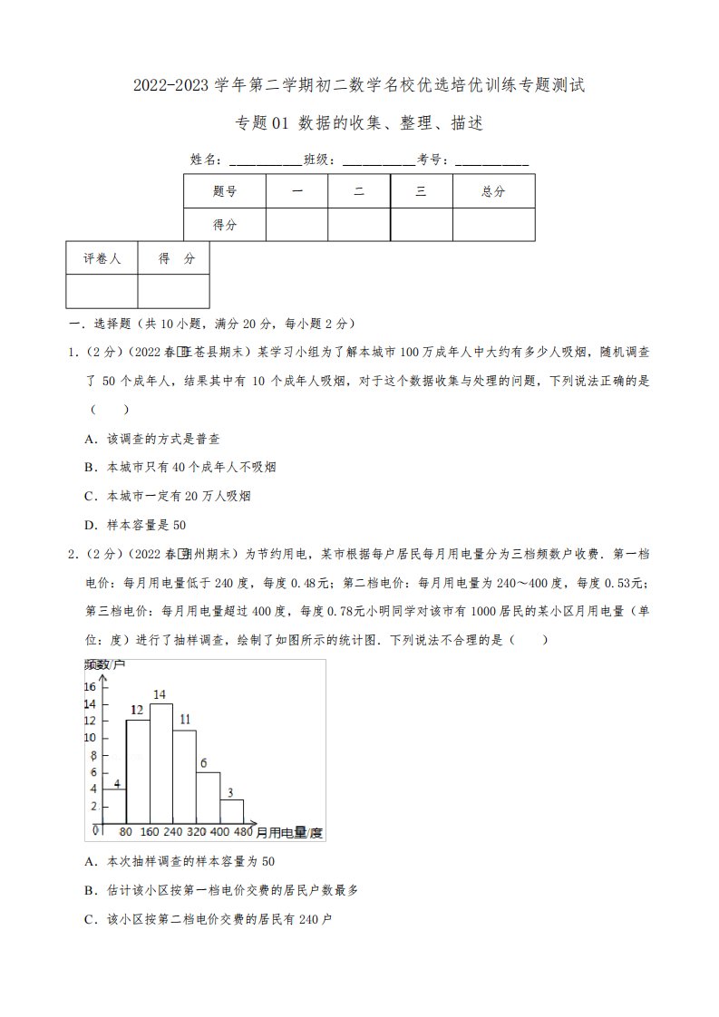 2022-2023学年第二学期初二数学名校优选培优训练专题01