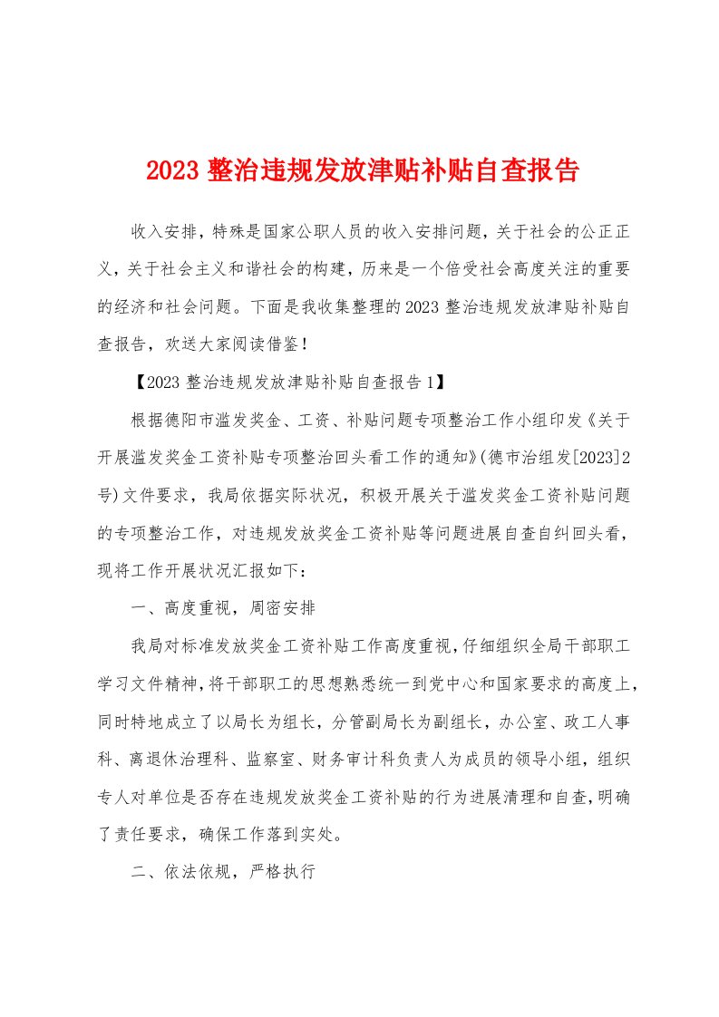 2023年整治违规发放津贴补贴自查报告