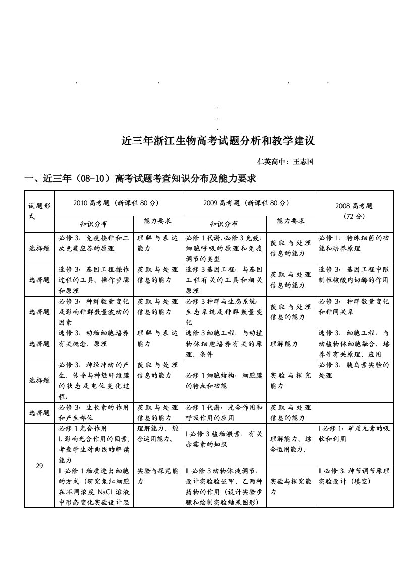 近三年浙近三年浙江生物高考试题分析和教学建议