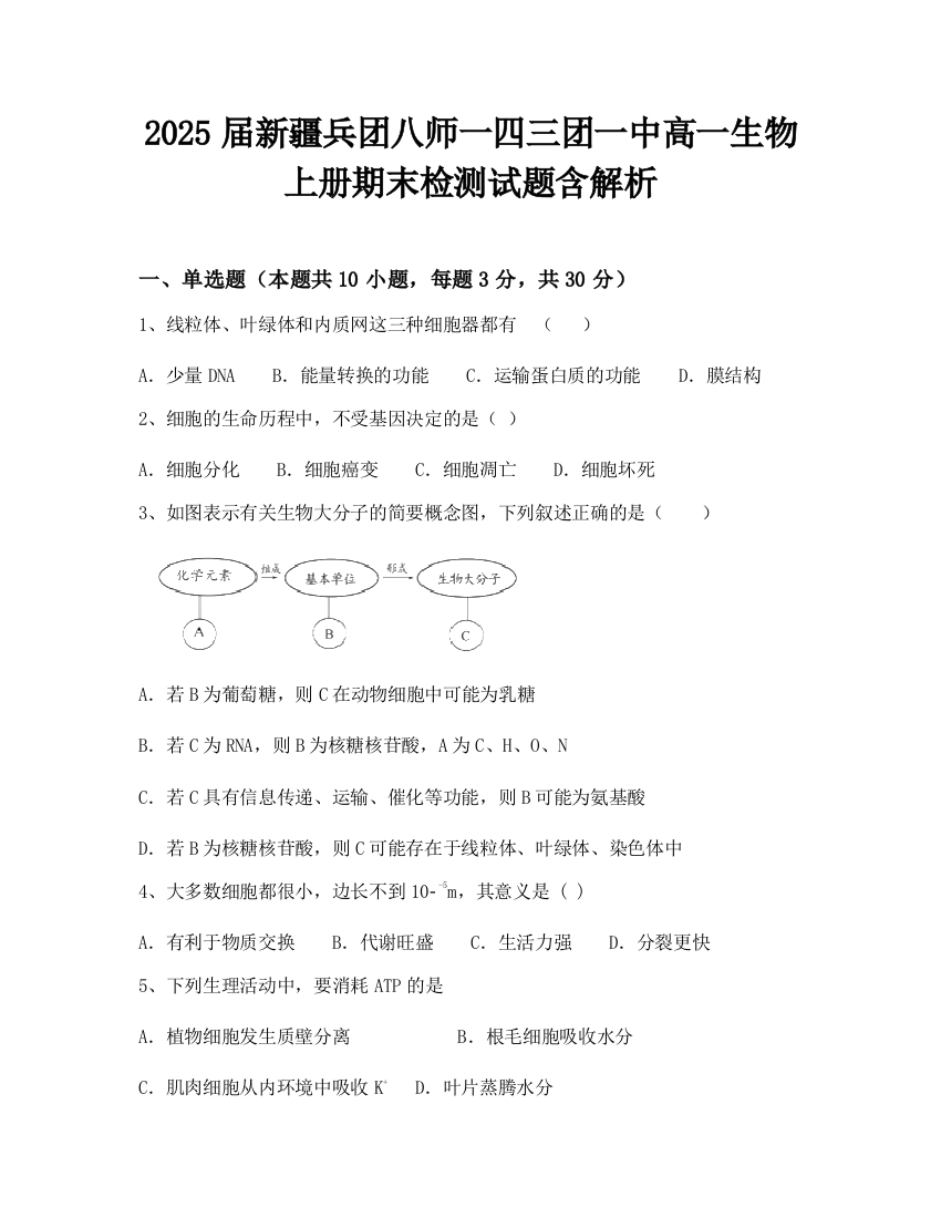 2025届新疆兵团八师一四三团一中高一生物上册期末检测试题含解析