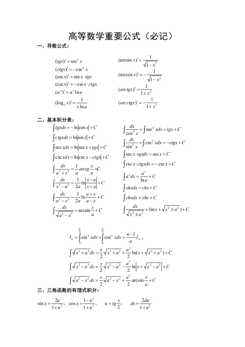 高等数学重要公式(必记)