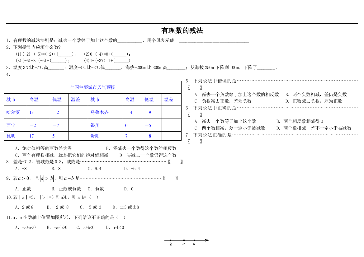 有理数减法的习题精选