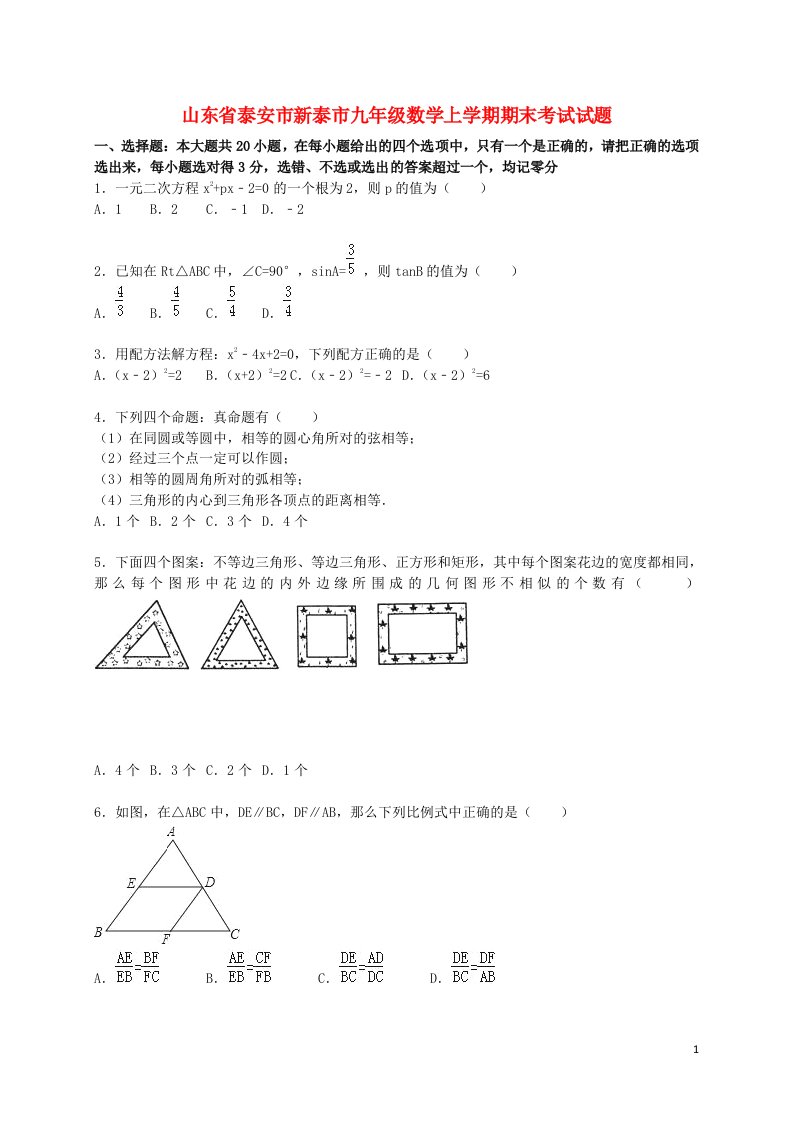 山东省泰安市新泰市九级数学上学期期末考试试题（含解析）