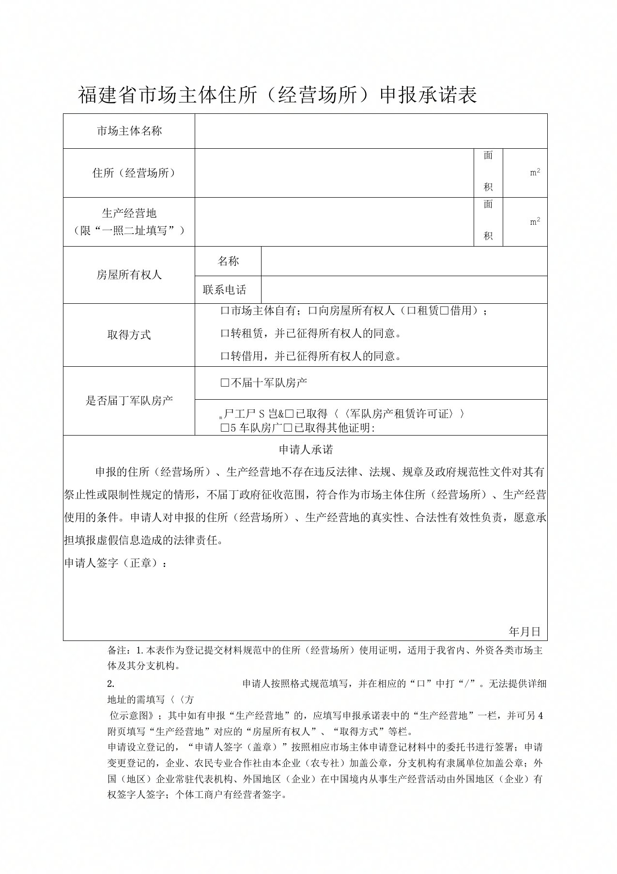 福建省市场主体住所(经营场所)申报承诺表