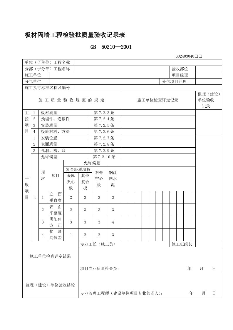 (表)板材隔墙工程检验批质量验收记录表