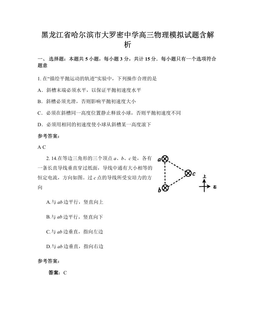 黑龙江省哈尔滨市大罗密中学高三物理模拟试题含解析