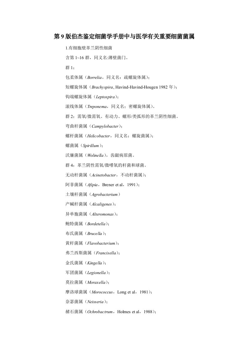 第9版伯杰鉴定细菌学手册中与医学有关重要细菌菌属.doc