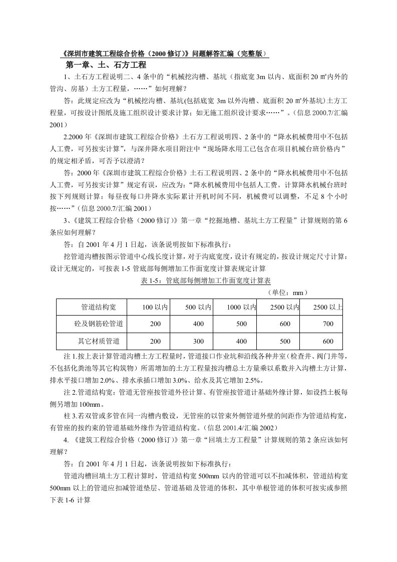 《深圳市建筑工程综合价格2000修订》问题解答汇编完整版