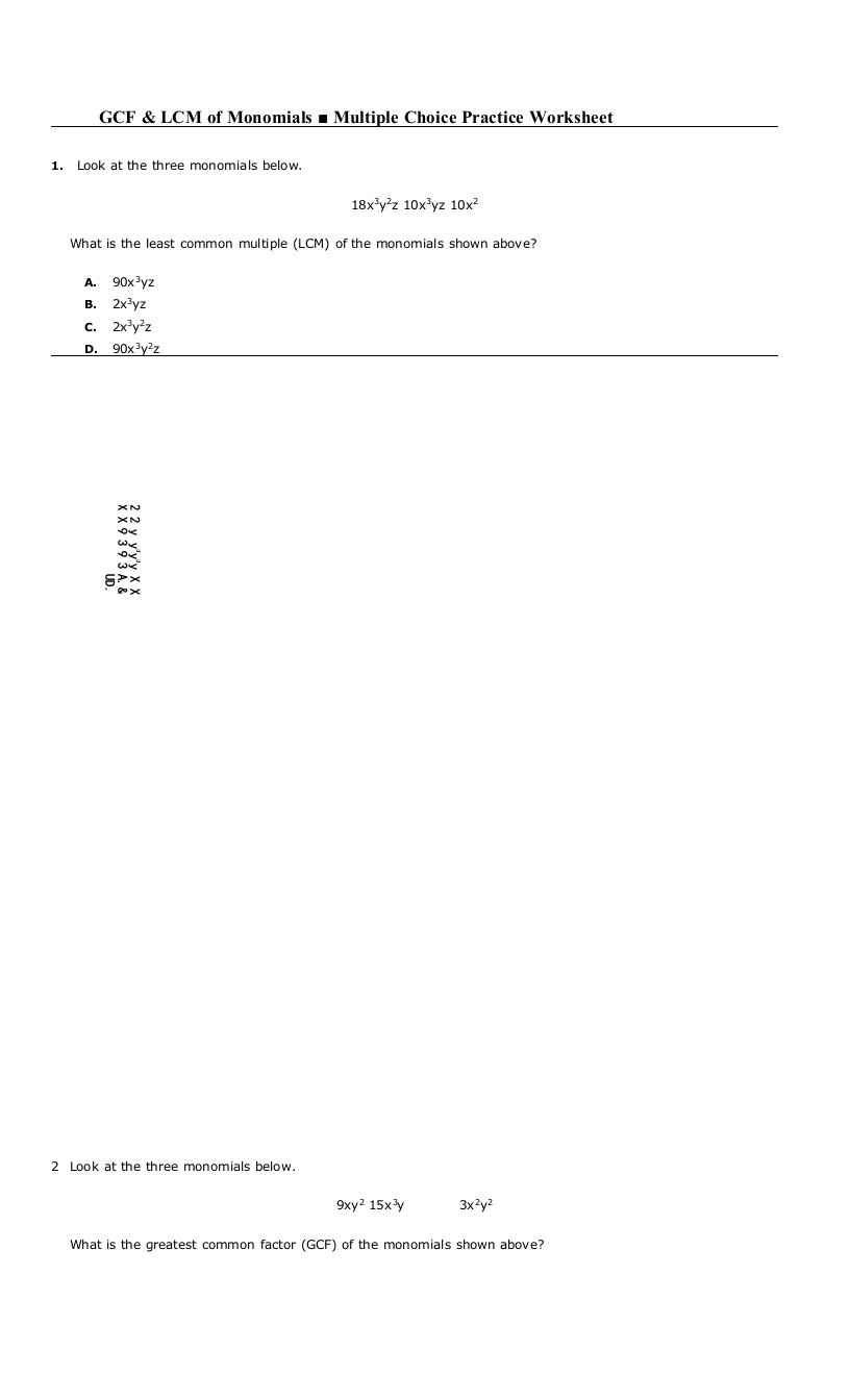 GCF&LCMofMonomialsMultipleChoicePracticeWorksheet