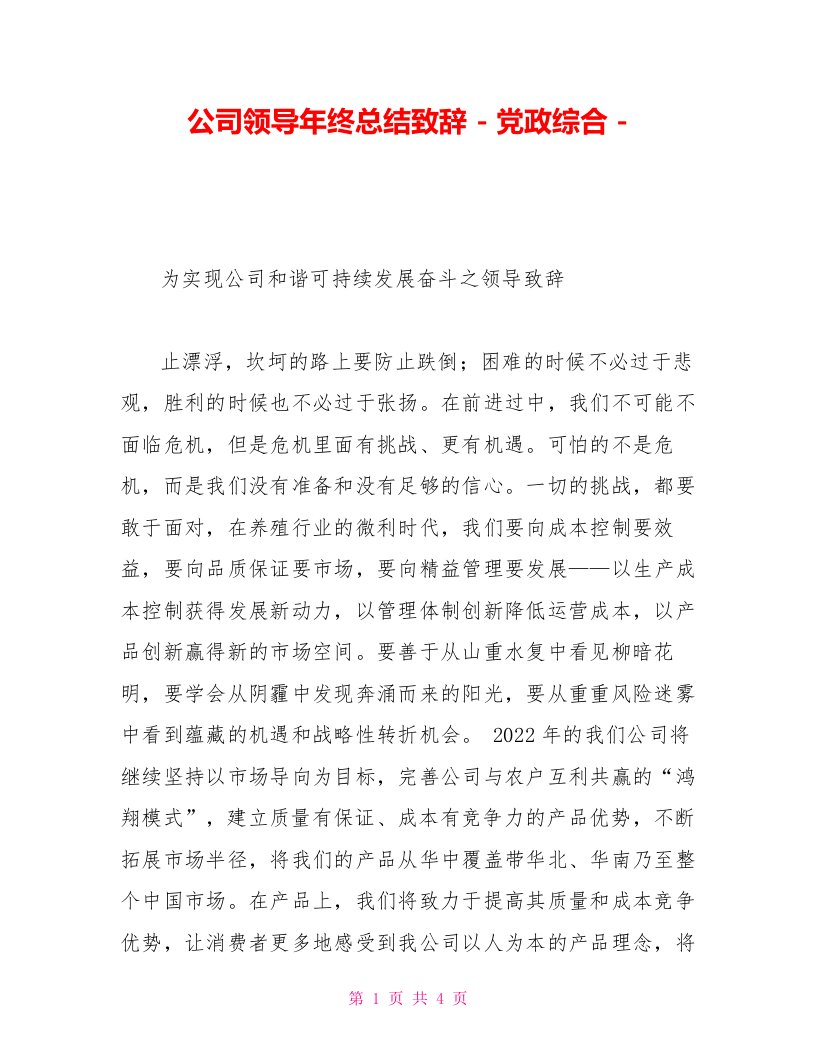 公司领导年终总结致辞党政综合