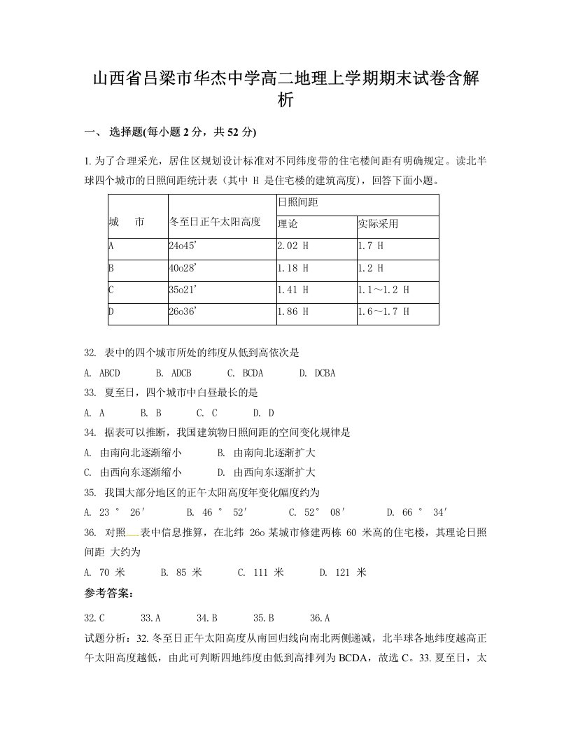 山西省吕梁市华杰中学高二地理上学期期末试卷含解析