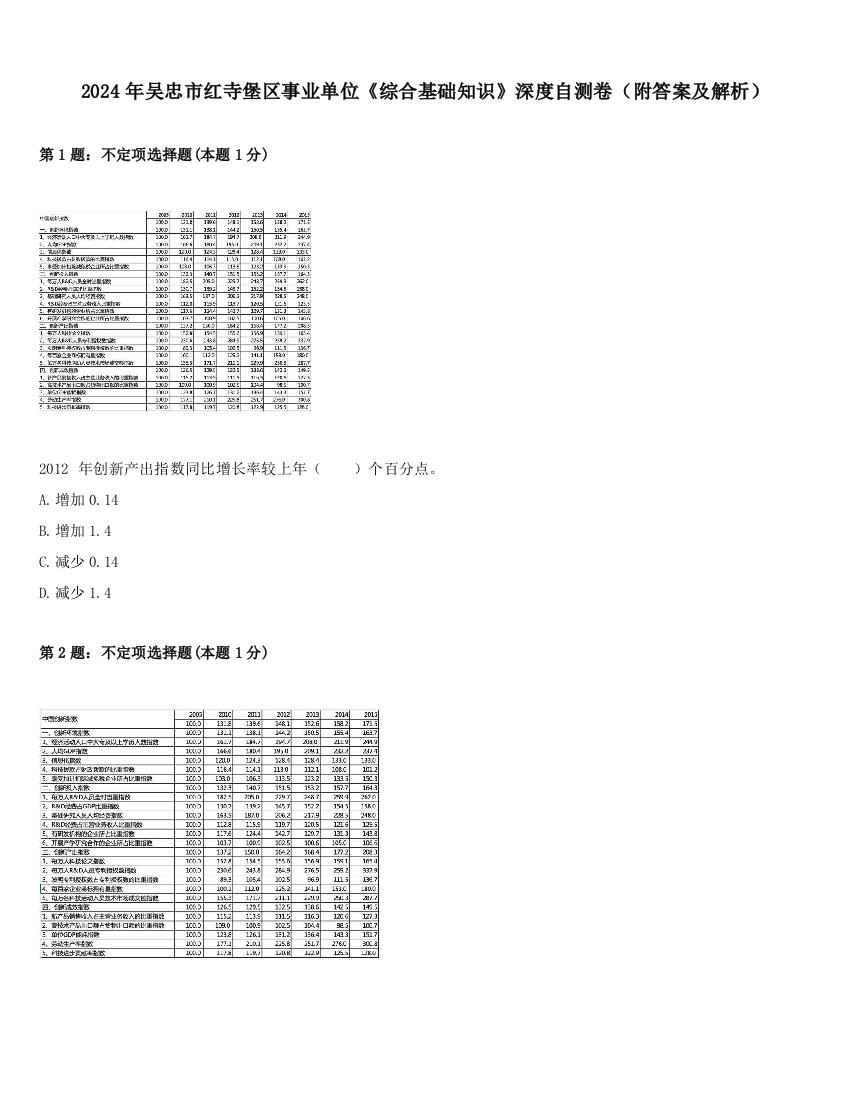 2024年吴忠市红寺堡区事业单位《综合基础知识》深度自测卷（附答案及解析）