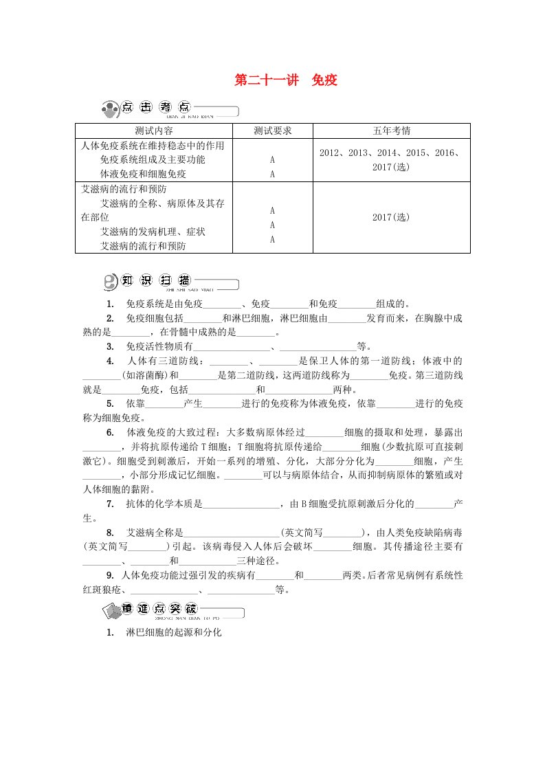 江苏省高中生物第二十一讲免疫学案苏教版