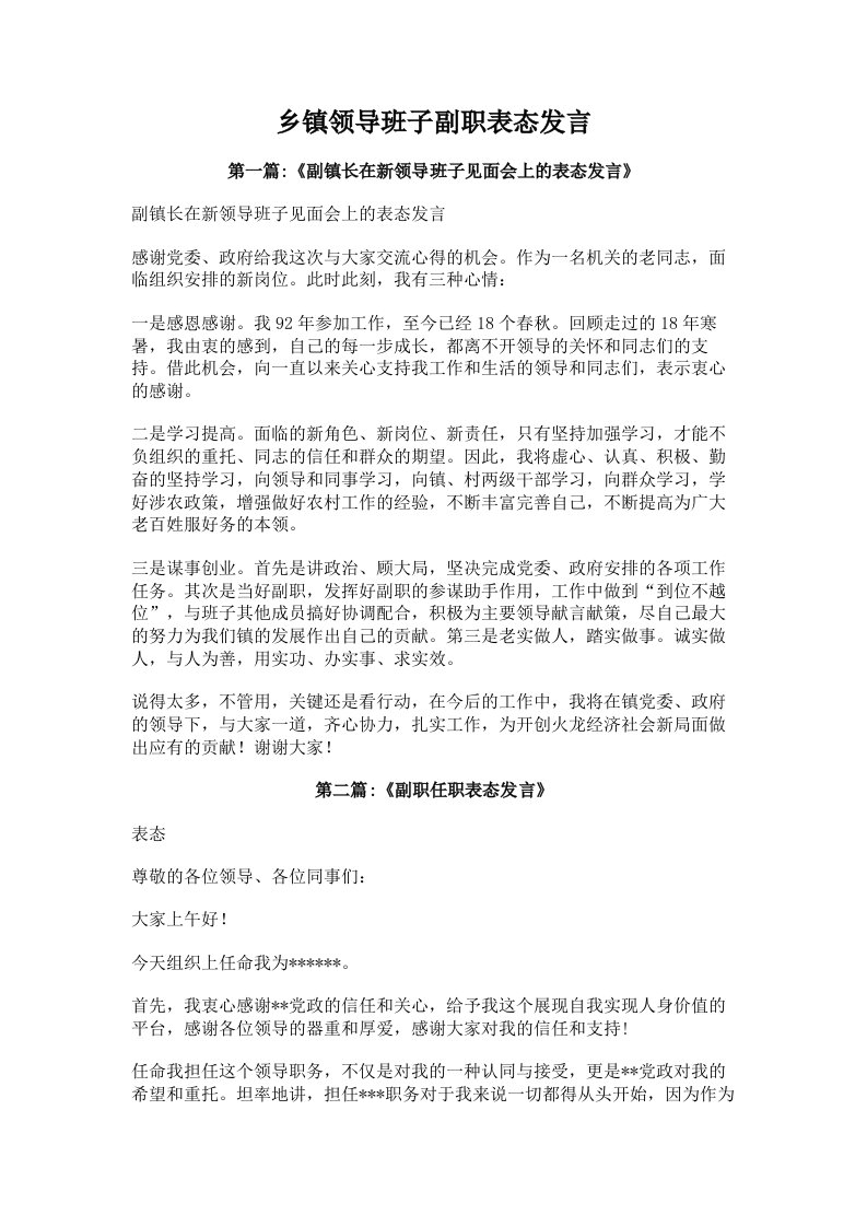 乡镇领导班子副职表态发言