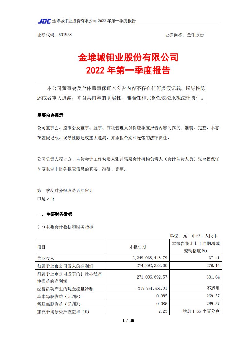 上交所-金钼股份2022年第一季度报告-20220426