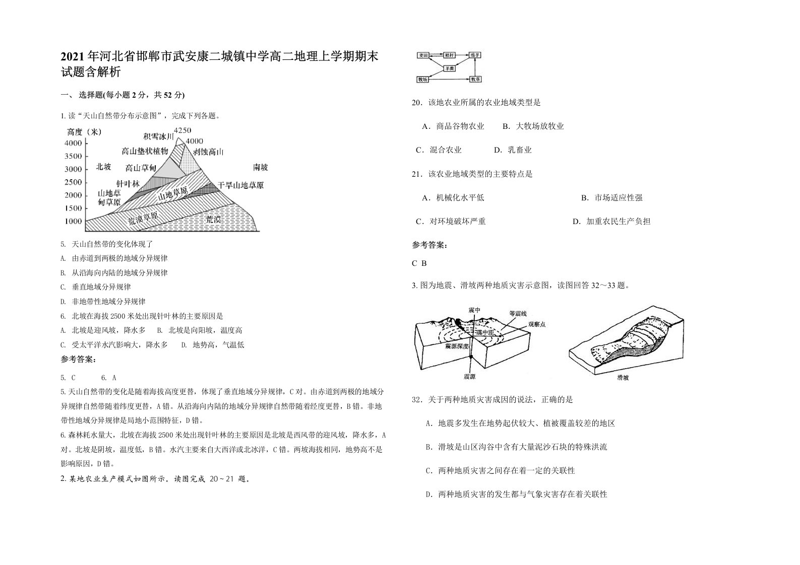 2021年河北省邯郸市武安康二城镇中学高二地理上学期期末试题含解析