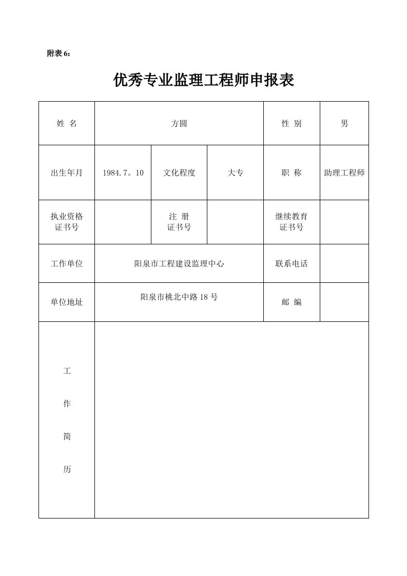 优秀专业监理工程师申报表1111