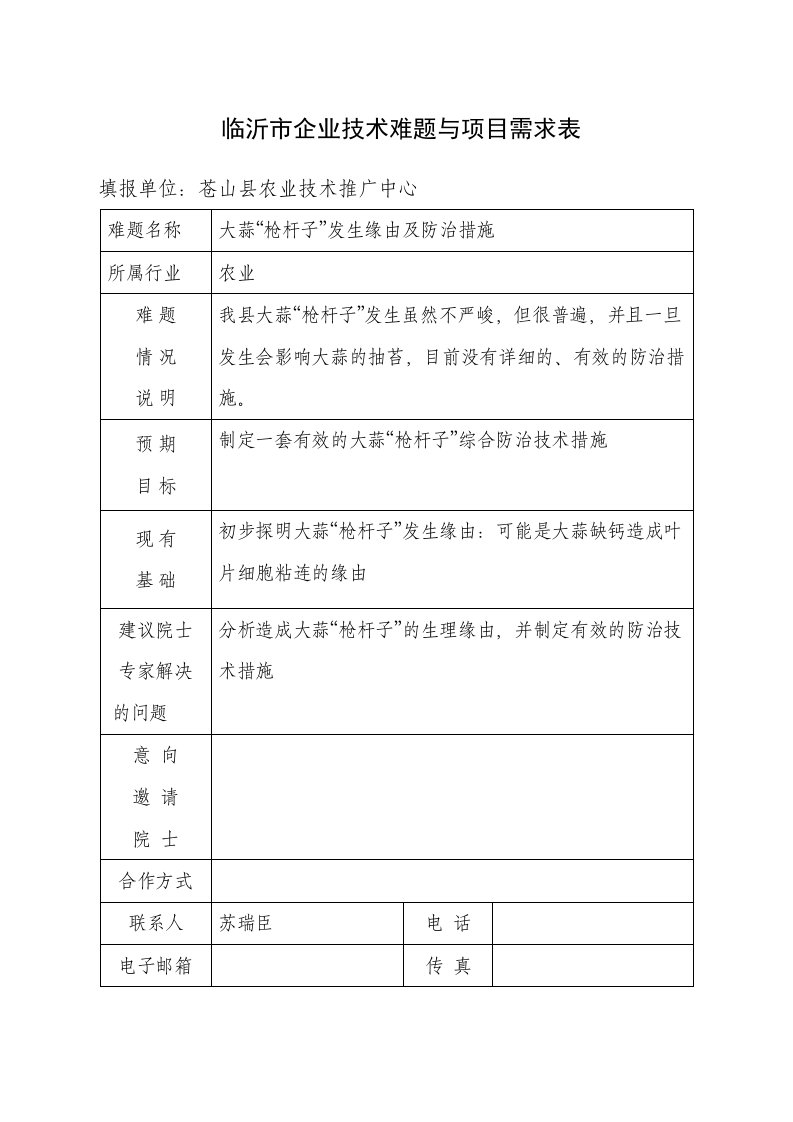 临沂市企业技术难题与项目需求表