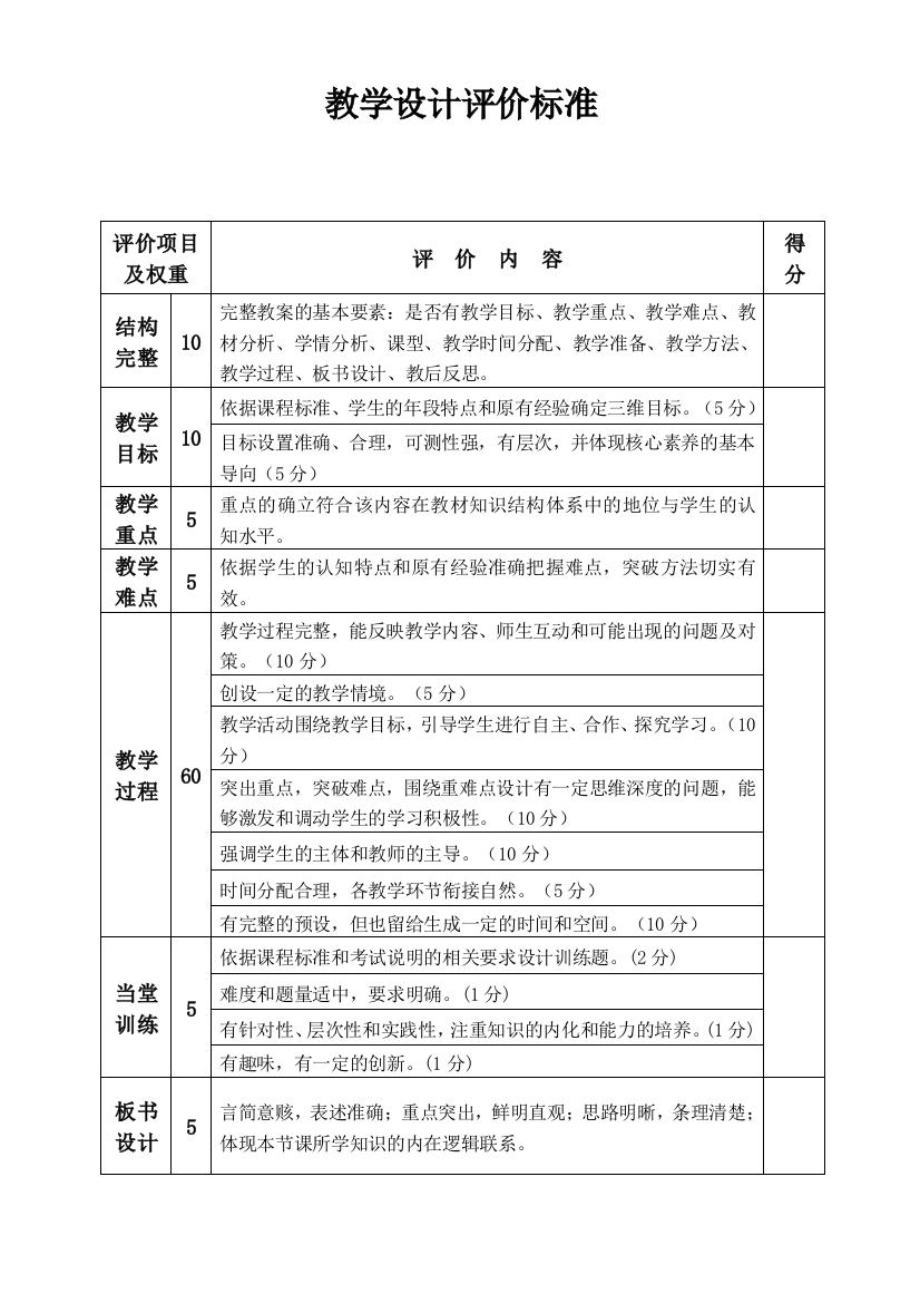 (最新)教学设计评价标准