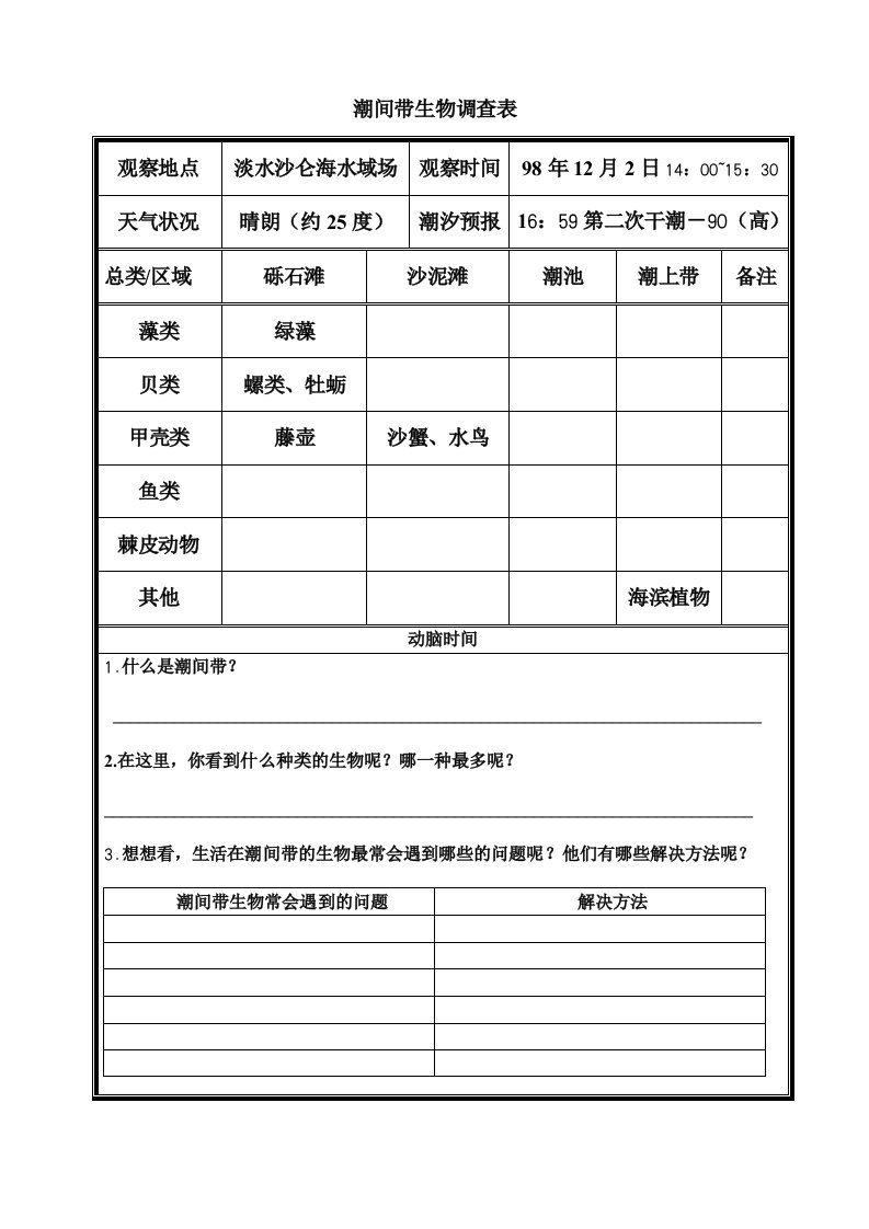 潮间带生物调查表