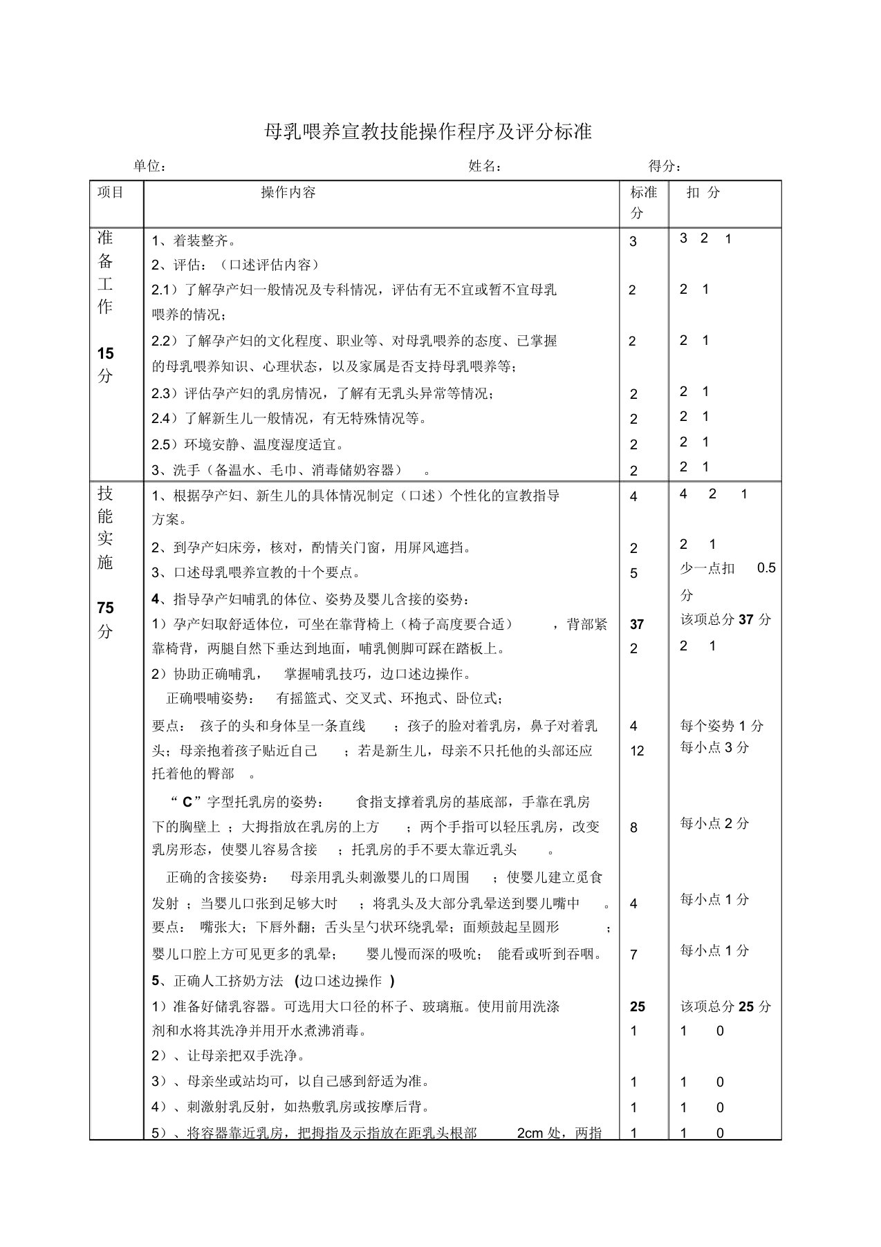 母乳喂养宣教技能考核评分标准