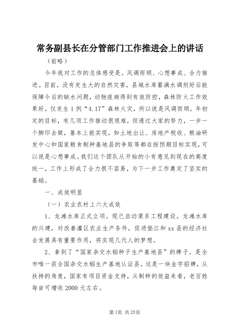 常务副县长在分管部门工作推进会上的讲话_1