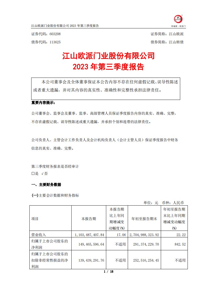 上交所-江山欧派2023年第三季度报告-20231020